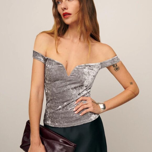 NWOT Reformation Andria Sweetheart Neck Silver Grey Velvet Top XS - Picture 1 of 5